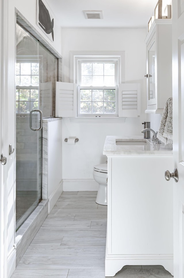 bathroom with a shower with shower door, toilet, vanity, and a healthy amount of sunlight