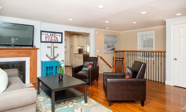 living room featuring ornamental molding, a fireplace, and wood-type flooring