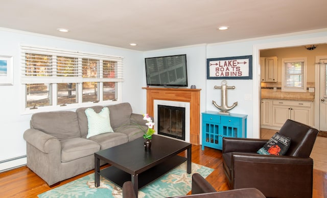 living room with a baseboard radiator, light hardwood / wood-style flooring, and ornamental molding