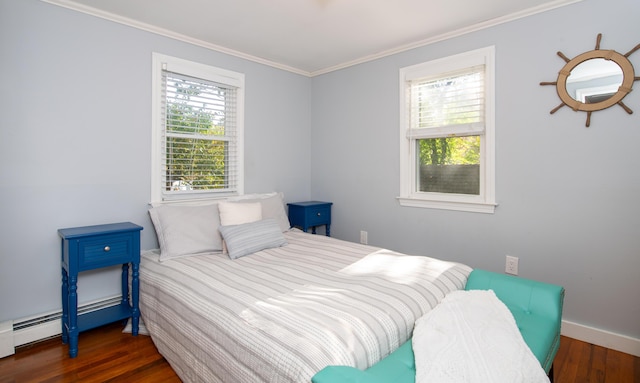 bedroom featuring dark wood-type flooring, multiple windows, and crown molding