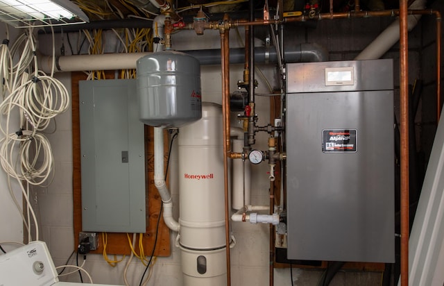 utility room featuring electric panel and water heater