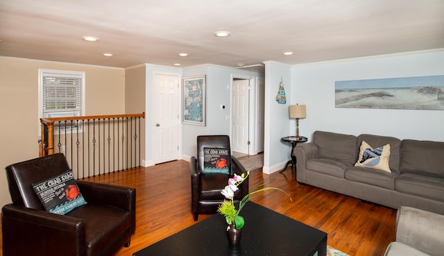 living room featuring ornamental molding and dark hardwood / wood-style flooring