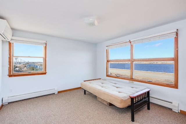 bedroom with a water view, a baseboard heating unit, carpet floors, and a wall unit AC