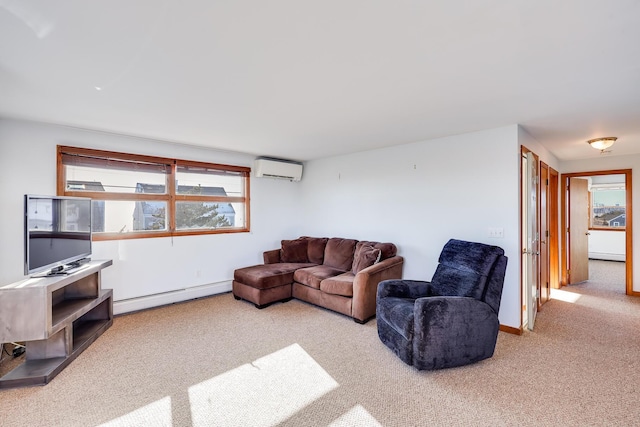 living room featuring plenty of natural light, light colored carpet, a baseboard heating unit, and a wall mounted air conditioner