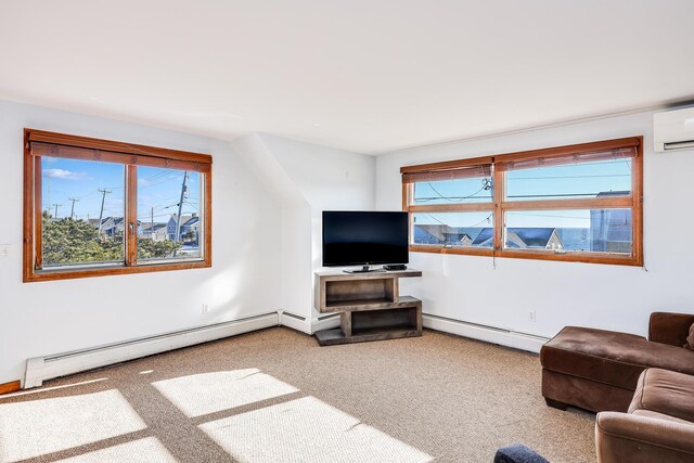 carpeted living room with a baseboard radiator, plenty of natural light, and a wall mounted AC