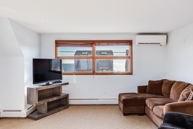 living room with a wall mounted AC and a baseboard heating unit