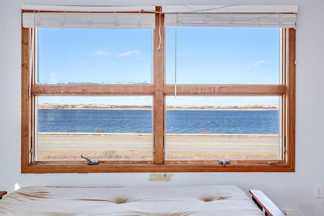 unfurnished bedroom featuring a beach view, multiple windows, and a water view