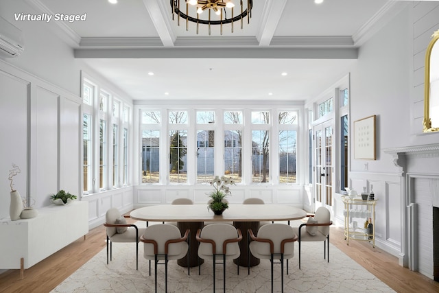 sunroom / solarium with beam ceiling, a wall mounted air conditioner, and a notable chandelier