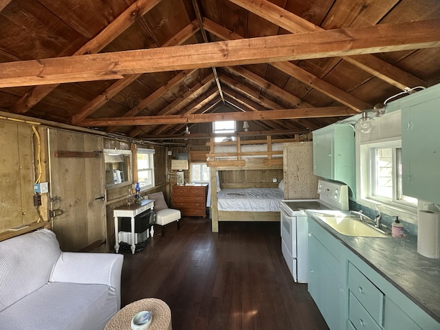 kitchen featuring a sink, dark wood finished floors, white range with electric stovetop, wooden walls, and vaulted ceiling