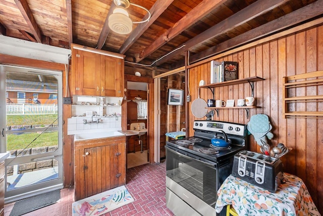 5 Spurr Rd, Pocasset, MA 02559 - kitchen featuring stainless steel range with electric cooktop, open shelves, wood walls, brown cabinets, and wood ceiling with exposed beams
