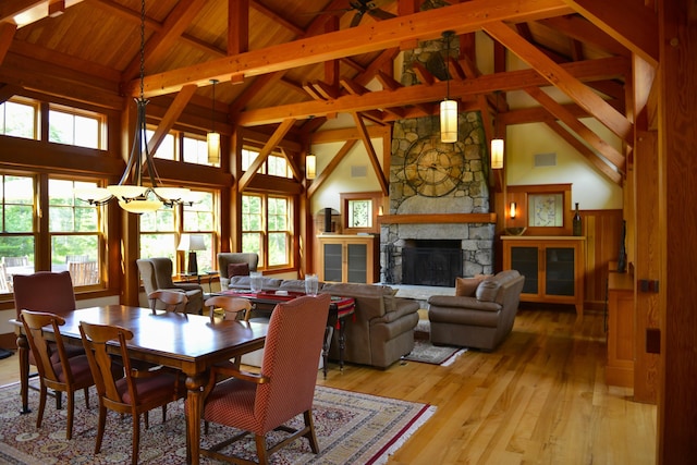 71 Stoney Hill Rd, Tisbury, MA 02568 - dining room featuring plenty of natural light, light wood-style flooring, high vaulted ceiling, a fireplace, and a wood ceiling with exposed beams