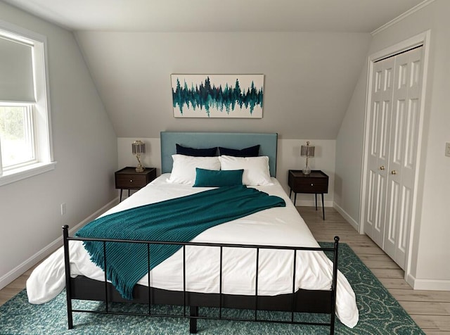 5 Penobscot Way, Harwich, MA 02645 - bedroom with a closet, lofted ceiling, light wood-style floors, and baseboards