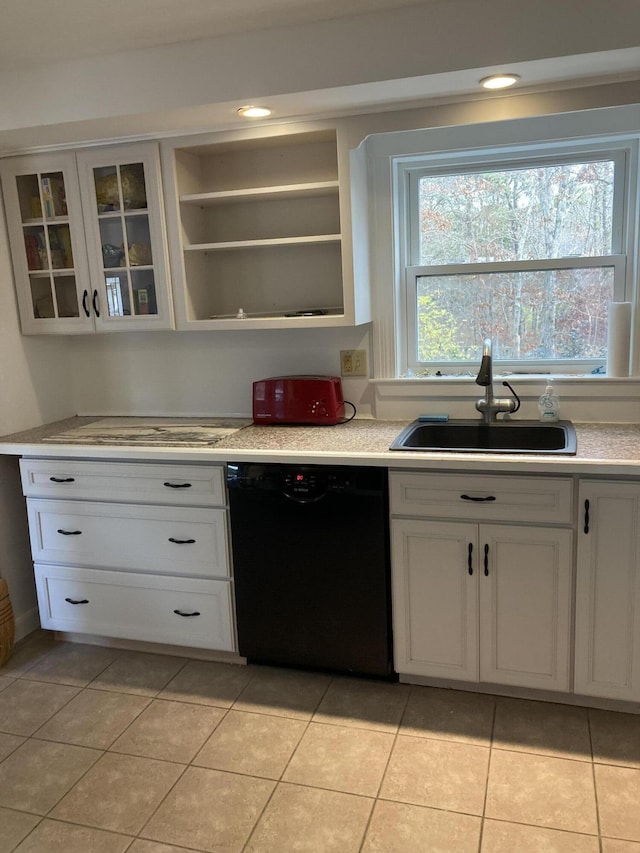 5 Penobscot Way, Harwich, MA 02645 - kitchen featuring glass insert cabinets, light countertops, black dishwasher, white cabinets, and a sink