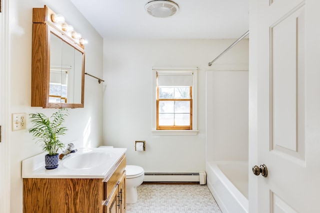 full bathroom featuring toilet, shower / bathing tub combination, baseboard heating, vanity, and tile patterned flooring