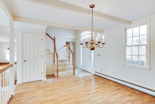 interior space with an inviting chandelier, beam ceiling, light wood-type flooring, and baseboard heating