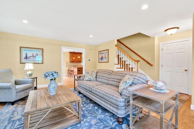 80 Schooner Ln, Hyannis, MA 02601 - living area with wood finished floors, stairs, baseboards, and recessed lighting