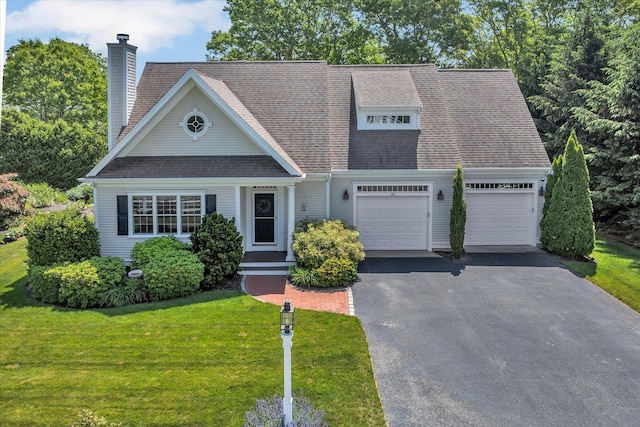 80 Schooner Ln, Hyannis, MA 02601 - view of front facade featuring asphalt driveway, a front yard, a chimney, and roof with shingles