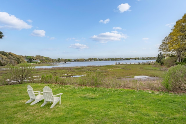 view of grassy yard with a water view