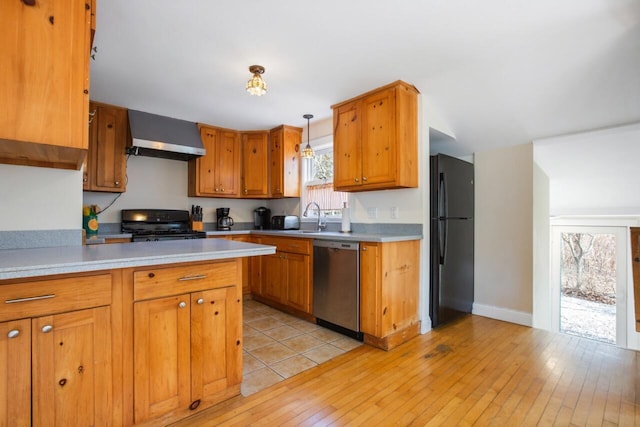 280 Schoolhouse Rd, Eastham, MA 02642 - kitchen with dishwasher, freestanding refrigerator, range, wall chimney range hood, and a sink