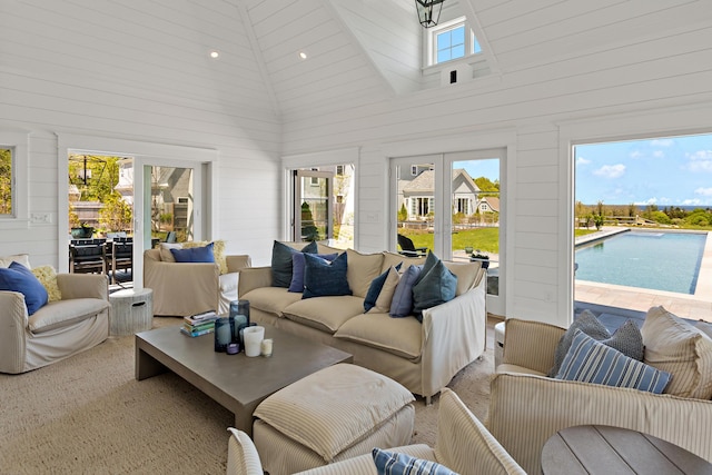 27 Gully Ln, East Sandwich, MA 02537 - living area with a high ceiling and french doors