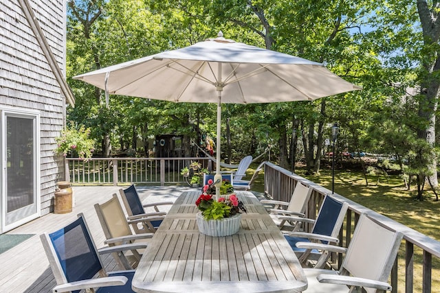 20 Hoyt Rd, Eastham, MA 02642 - wooden deck featuring outdoor dining space and view of wooded area