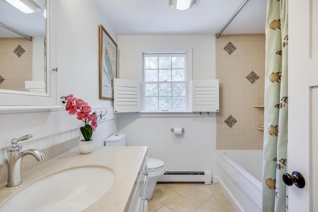 20 Hoyt Rd, Eastham, MA 02642 - bathroom with a baseboard heating unit, toilet, shower / bath combo, vanity, and tile patterned flooring