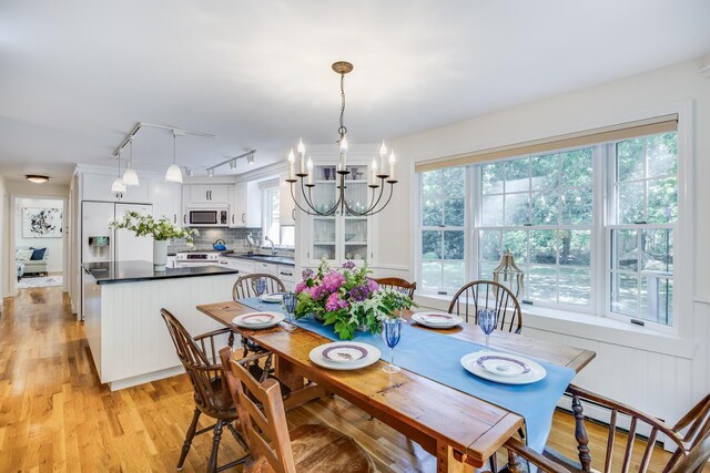 20 Hoyt Rd, Eastham, MA 02642 - dining space with rail lighting, a chandelier, light wood finished floors, and healthy amount of natural light