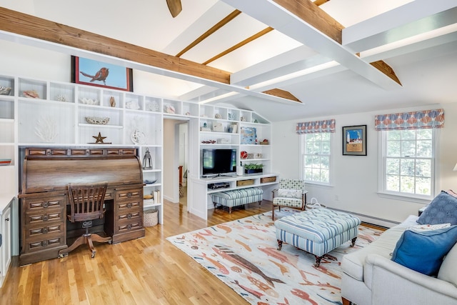 20 Hoyt Rd, Eastham, MA 02642 - living area with a desk, light wood-type flooring, baseboard heating, and ceiling fan