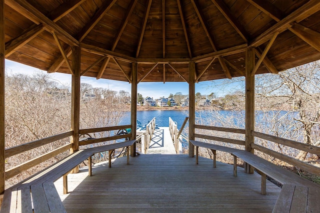 dock area featuring a gazebo and a water view