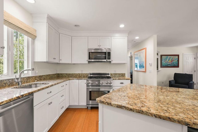 33 Beach Rd, Orleans, MA 02653 - kitchen featuring appliances with stainless steel finishes, a sink, white cabinetry, light stone counters, and recessed lighting
