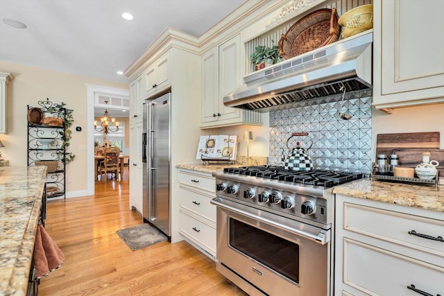 kitchen with high quality appliances, a notable chandelier, light wood-style floors, tasteful backsplash, and under cabinet range hood
