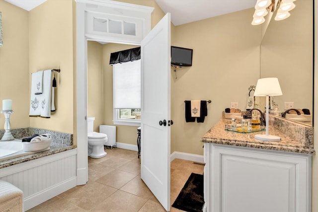 full bathroom with tile patterned floors, baseboards, vanity, and toilet