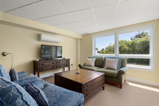 142 Greely Ave, Centerville, MA 02632 - living area with an AC wall unit, carpet, healthy amount of natural light, and a paneled ceiling