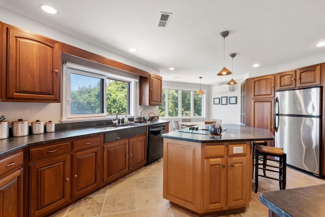 142 Greely Ave, Centerville, MA 02632 - kitchen with black appliances, dark countertops, a center island, recessed lighting, and pendant lighting