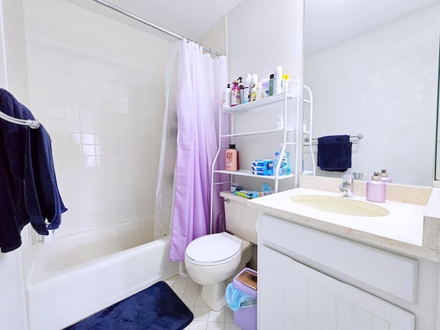 full bathroom with toilet, tile patterned flooring, vanity, and shower / bath combo