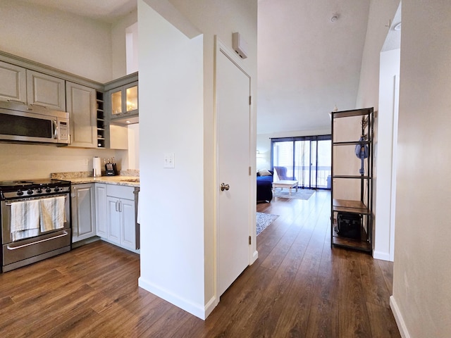 kitchen featuring stainless steel appliances, dark wood-style floors, baseboards, light stone counters, and a high ceiling