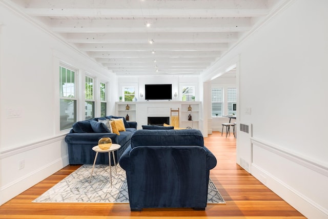 12 Dartmouth St, Hyannis, MA 02601 - living room featuring light wood-type flooring, beamed ceiling, and a fireplace