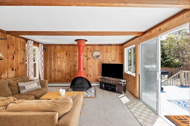 35 Tecumseh Rd, Wellfleet, MA 02667 - living room with wooden walls, a wood stove, beamed ceiling, baseboard heating, and light floors