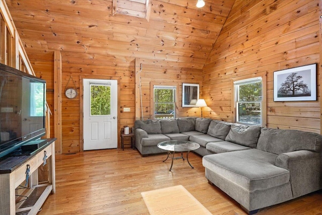 living room with light wood finished floors, a wealth of natural light, and wood walls