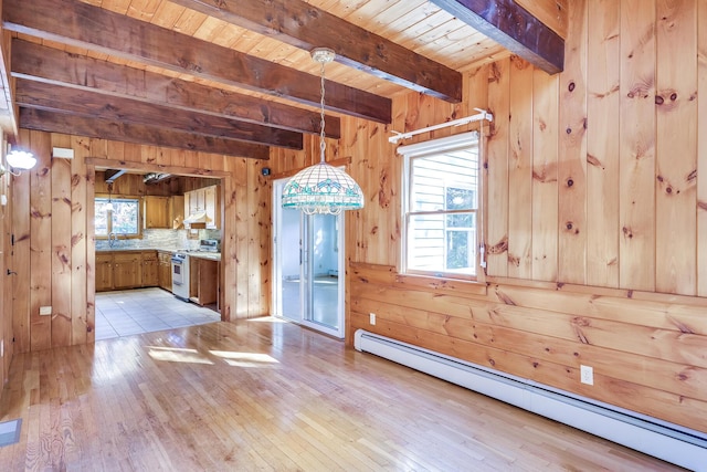 unfurnished room featuring wooden walls, wooden ceiling, and baseboard heating