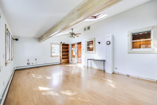 unfurnished living room featuring a baseboard radiator, light wood-type flooring, beam ceiling, and a skylight