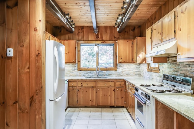 kitchen featuring sink, white appliances, hanging light fixtures, beam ceiling, and wooden ceiling