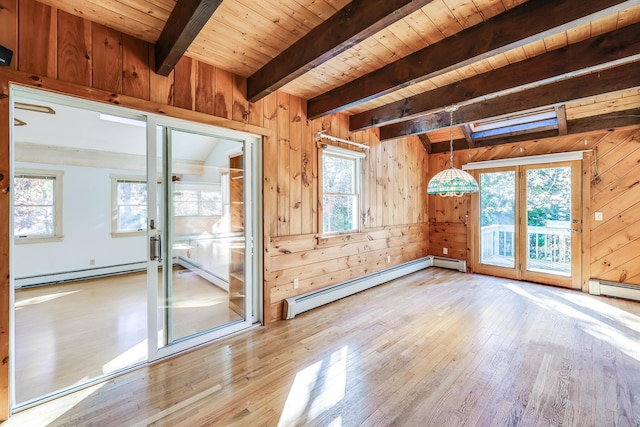 empty room featuring a baseboard radiator, beam ceiling, light wood-type flooring, and wood walls