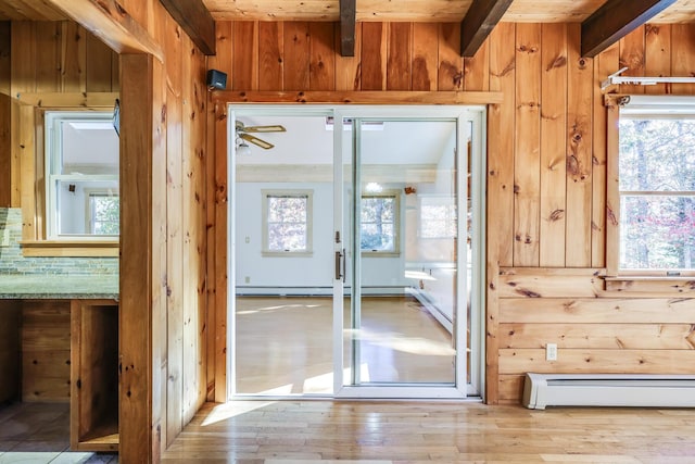 interior space with beam ceiling, wooden walls, baseboard heating, and light hardwood / wood-style floors