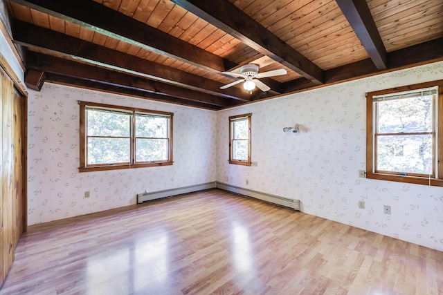 unfurnished bedroom featuring multiple windows, wooden ceiling, and light hardwood / wood-style flooring