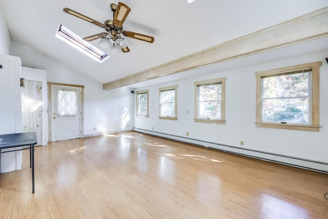 unfurnished living room featuring lofted ceiling with skylight, a baseboard radiator, light hardwood / wood-style floors, and ceiling fan