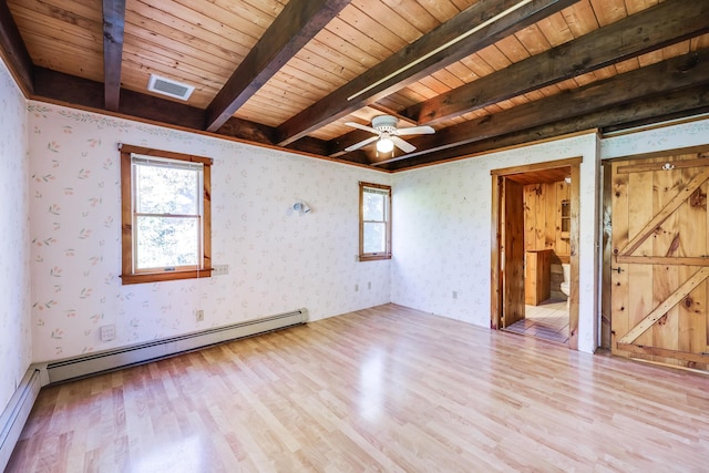 unfurnished room featuring a baseboard radiator, a barn door, wood ceiling, and light hardwood / wood-style floors