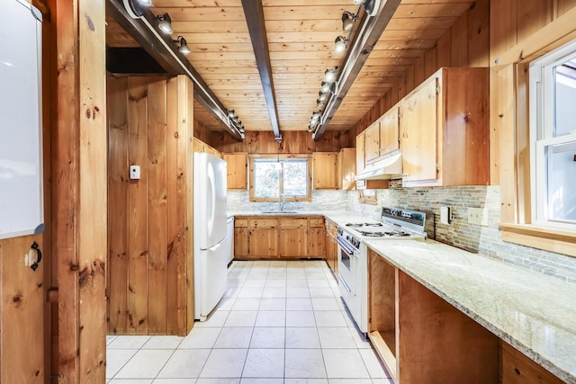 kitchen featuring sink, light stone counters, wooden ceiling, white appliances, and backsplash