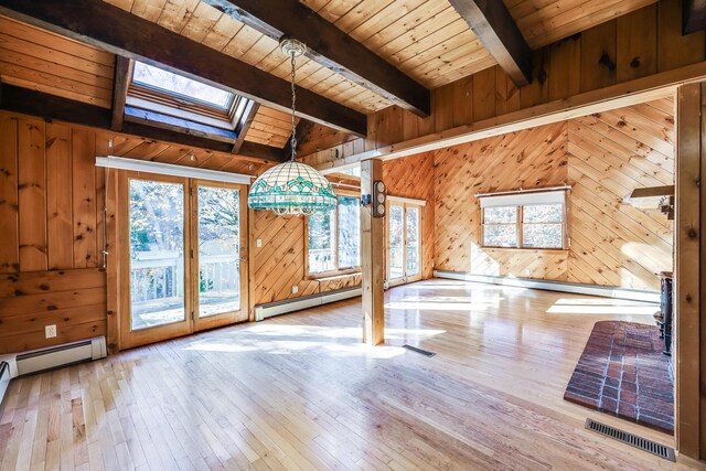 bonus room with light wood-type flooring, wooden walls, wooden ceiling, and baseboard heating