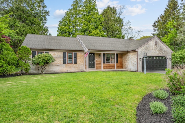 290 Riverview Ln, Centerville, MA 02632 - ranch-style house featuring a garage, a front yard, and a shingled roof